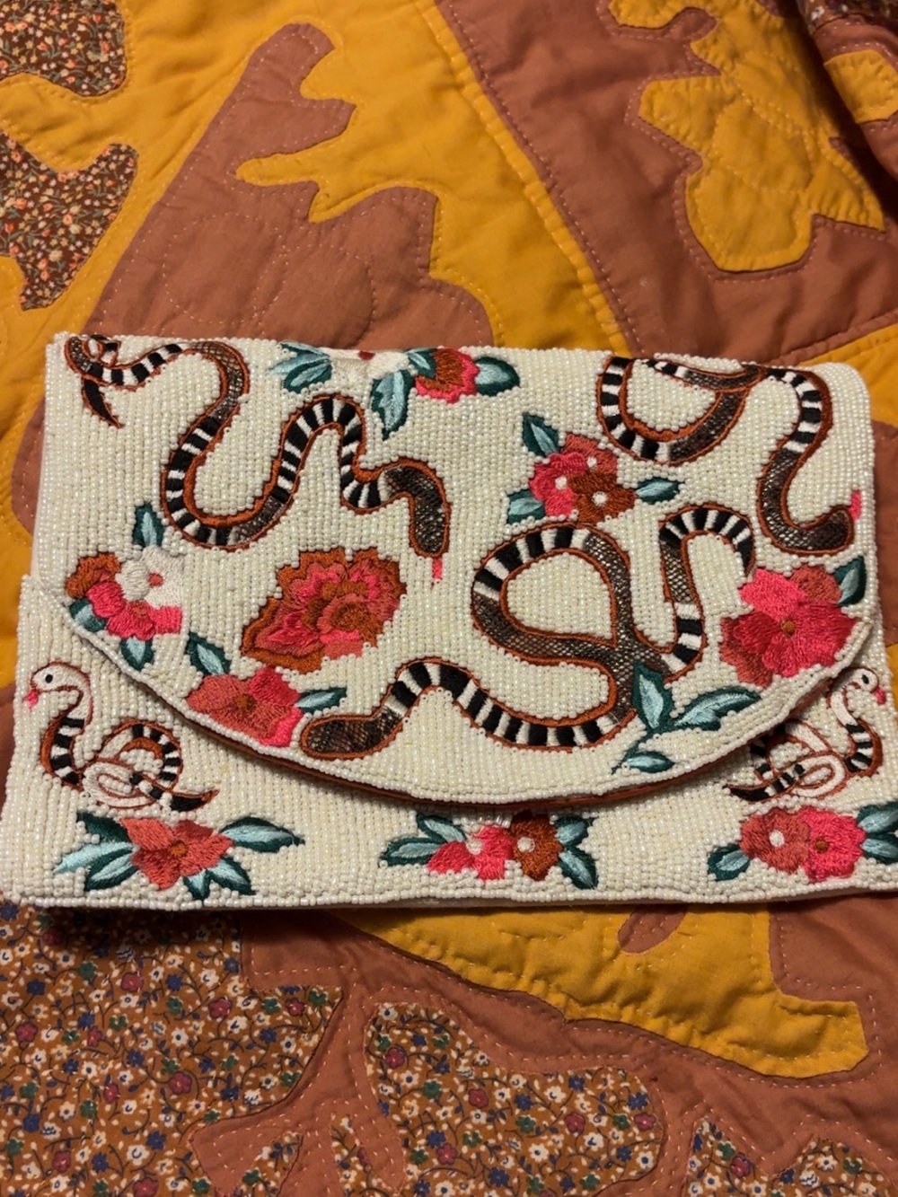 Beaded Floral Snake Clutch - Ivory with Pink and Green Embroidery